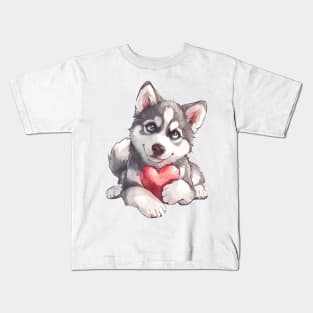 Valentine Siberian Husky Holding Heart Kids T-Shirt